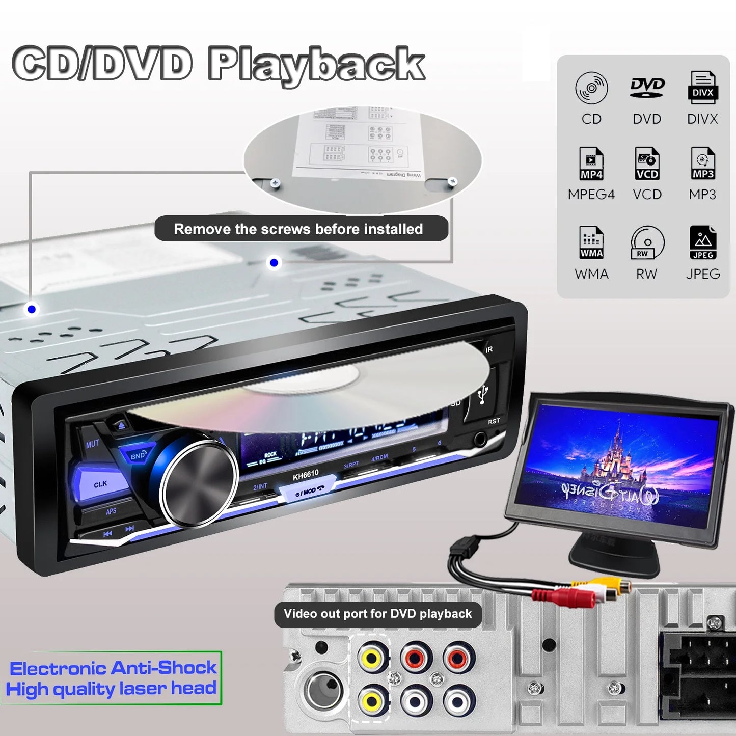 Single 1 DIN Car Stereo with CD/DVD Player Bluetooth AM/FM/RDS Radio USB SD Aux Audio Receivers