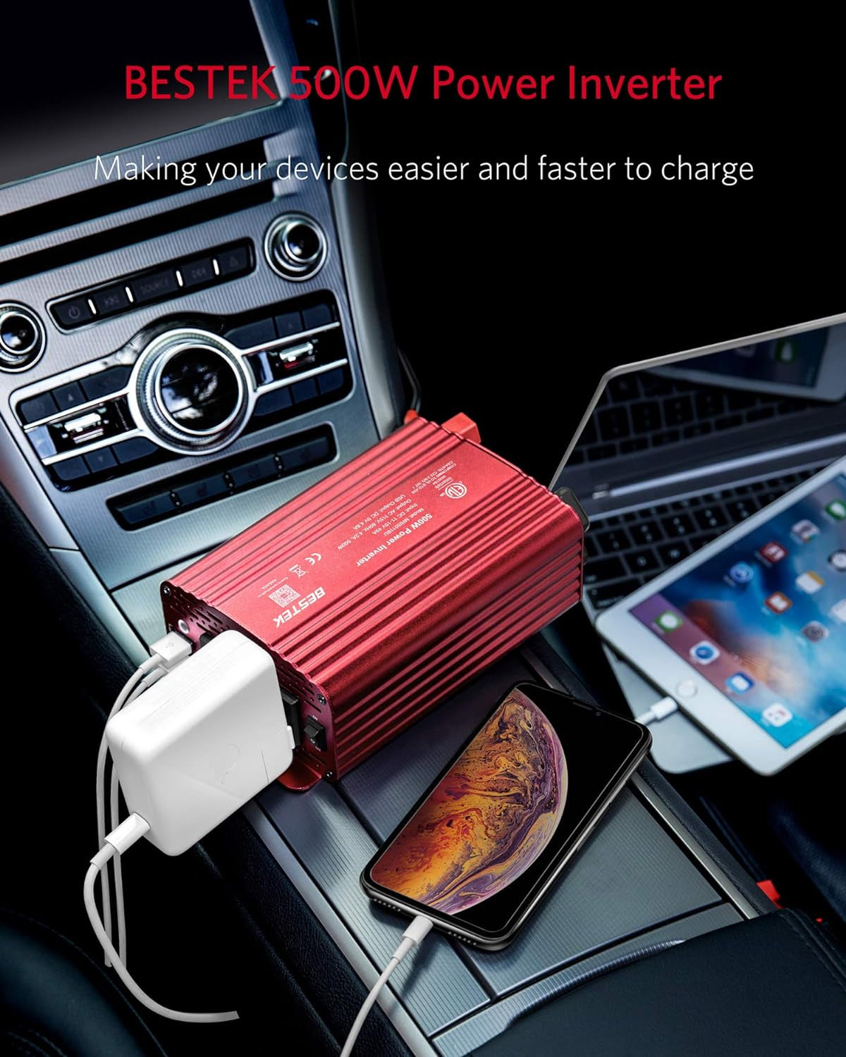 500W Power Inverter DC 12V to 110V AC Converter with Alligator Battery Clamp 4.8A Dual USB Car Charger ETL Listed