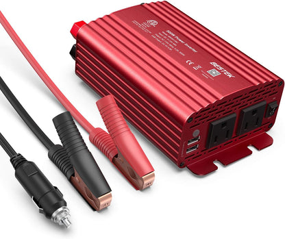 500W Power Inverter DC 12V to 110V AC Converter with Alligator Battery Clamp 4.8A Dual USB Car Charger ETL Listed