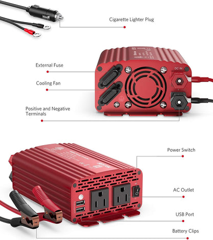 500W Power Inverter DC 12V to 110V AC Converter with Alligator Battery Clamp 4.8A Dual USB Car Charger ETL Listed