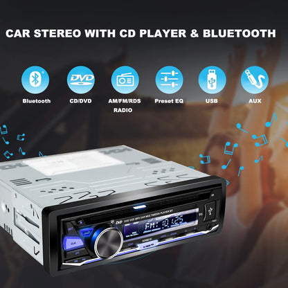 Single 1 DIN Car Stereo with CD/DVD Player Bluetooth AM/FM/RDS Radio USB SD Aux Audio Receivers