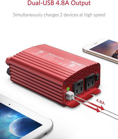 500W Power Inverter DC 12V to 110V AC Converter with Alligator Battery Clamp 4.8A Dual USB Car Charger ETL Listed